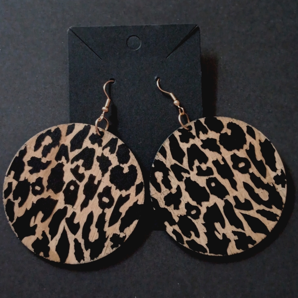 Leopard Print Oversized Wood Dangle Drop Earrings New!